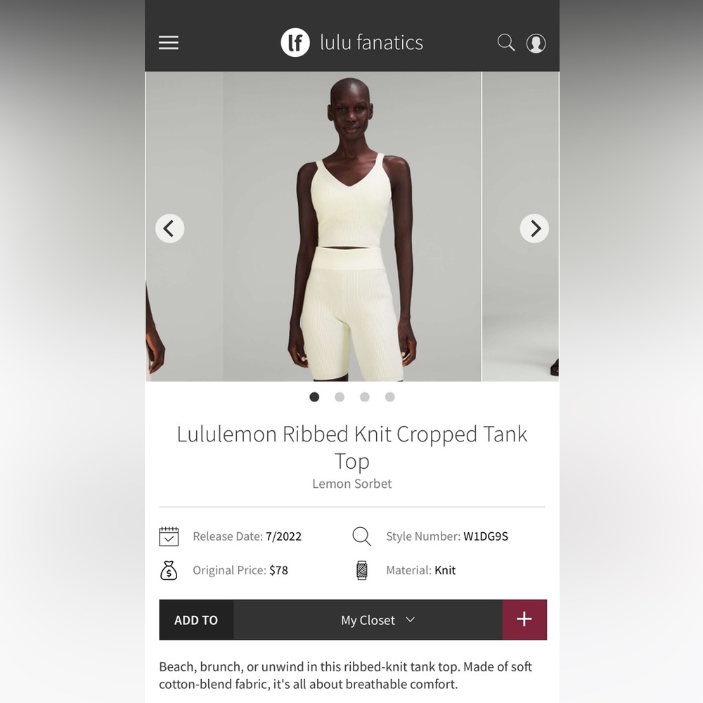 Lululemon Ribbed Knit Cropped Tank Top